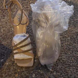 Vince Camuto Tan Strappy Heels with Gold Accents